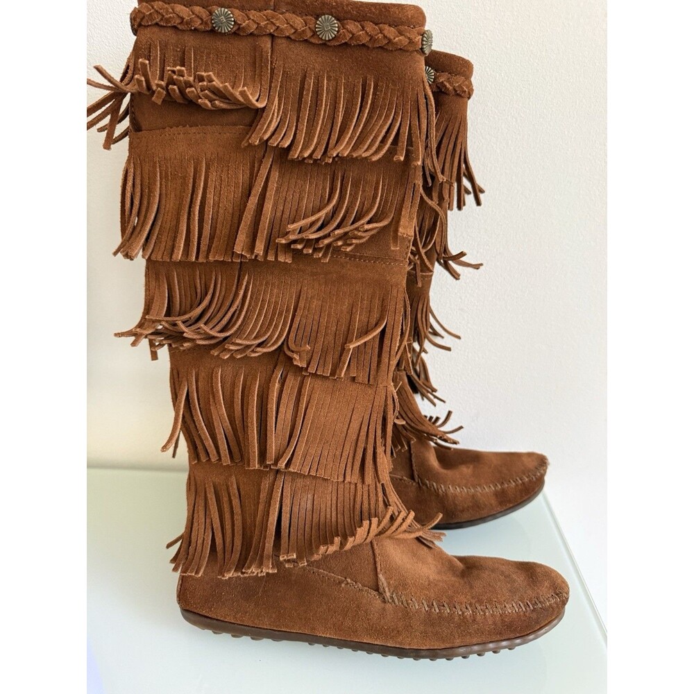 Minnetonka Women’s Size 8 Brown Suede 5-Layer Fringe Moccasin Boots Boho Western